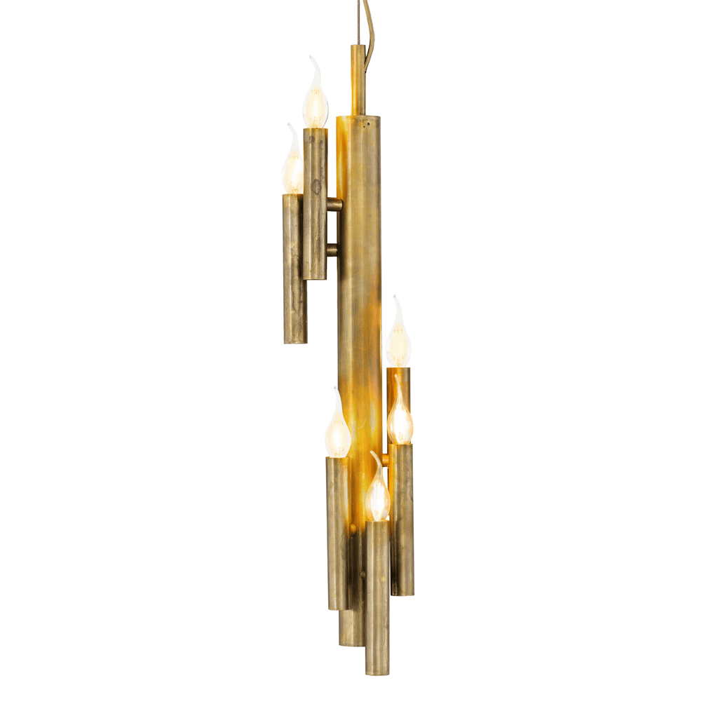 Shiro Suspension Vertical Lamp with tall gold-colored chandelier and candle-style bulbs