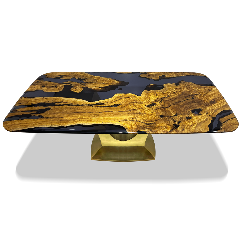 Signature Olive Wood Dining Table with black and gold resin river design and gold base