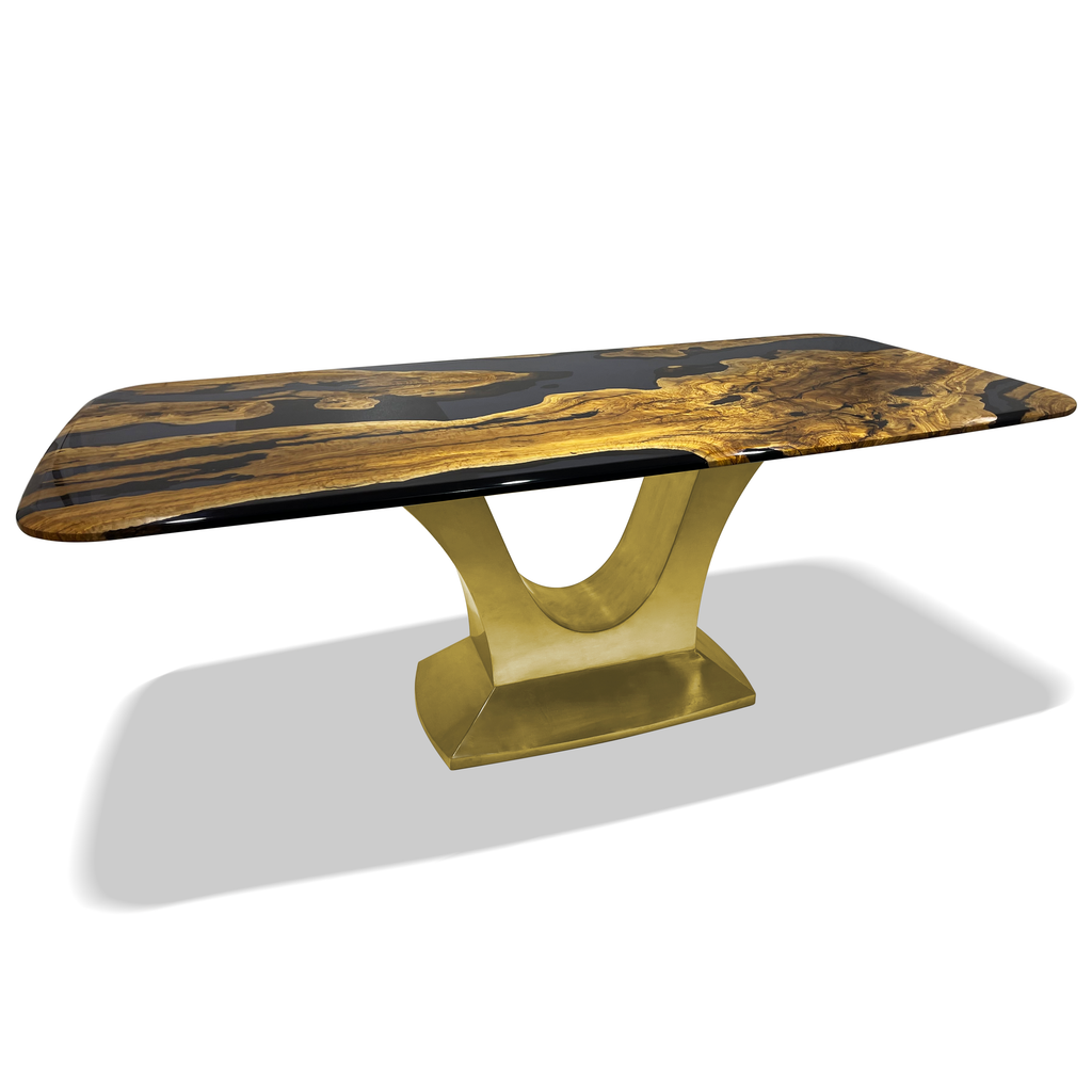 Signature Olive Wood Dining Table with black and gold resin top and golden hourglass base