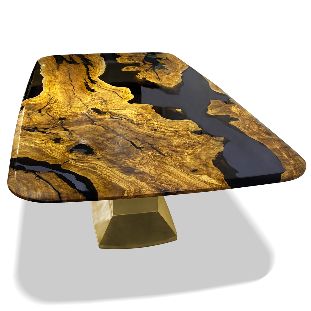 Resin and wood river table with bronze pedestal base showcasing Signature Olive Wood Dining