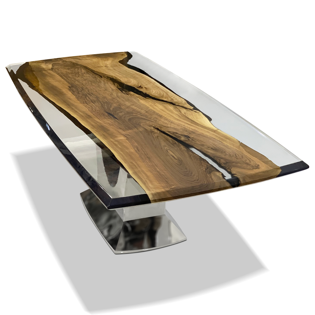 Live edge Walnut Dining Table with clear epoxy resin and chrome pedestal base