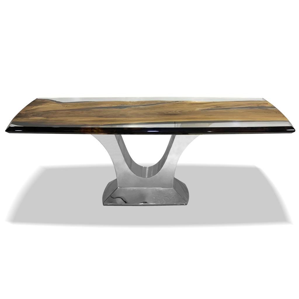 Signature Walnut Dining Table with a rectangular wooden top and polished metal base