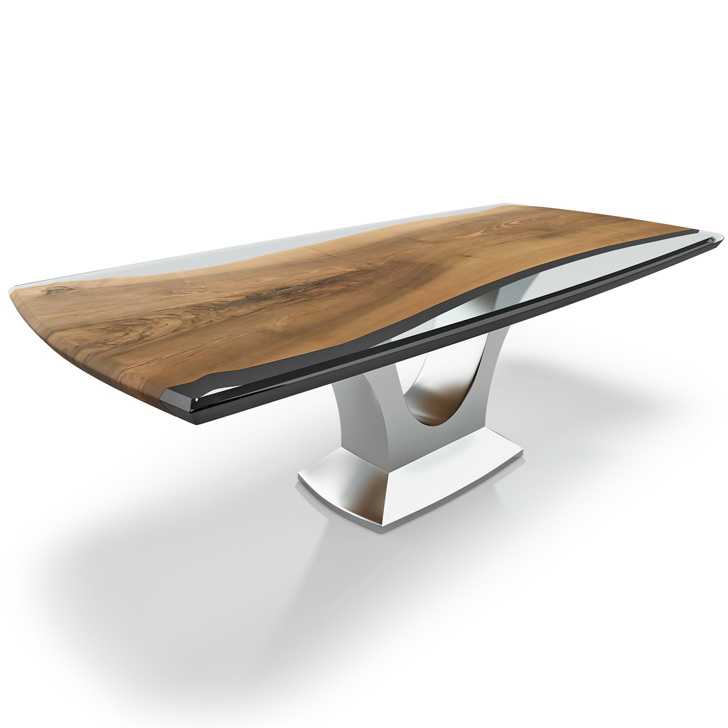 Modern Signature Walnut Dining Table with curved wooden top and sculptural metallic base