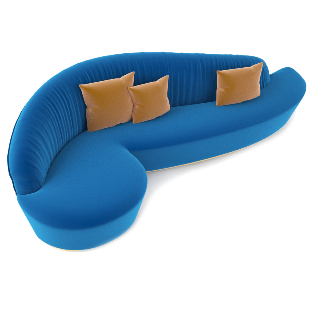 Sophia Sofa featuring a curved blue sectional with three light brown throw pillows