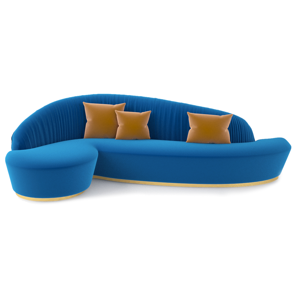Sophia Sofa: Blue velvet curved sectional with orange throw pillows and gold base