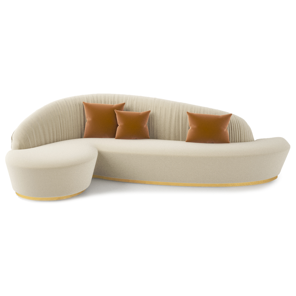 Sophia Sofa off-white chaise with curved back, burnt orange pillows, gold trim