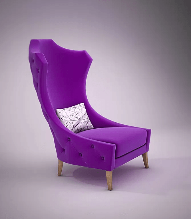 Purple velvet St. James Chair with decorative pillow, stylish wingback accent seat