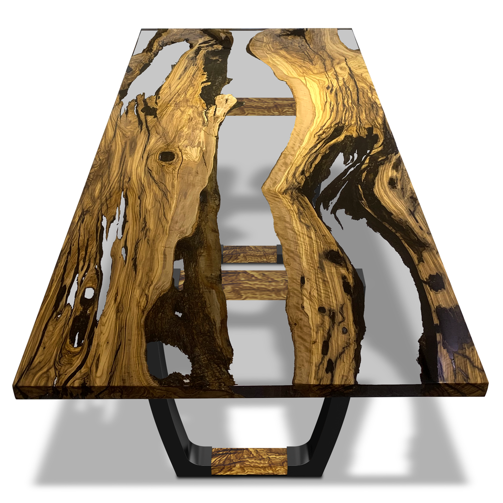 Staphyle Olive Wood Dining Table with live-edge wood and black metal base