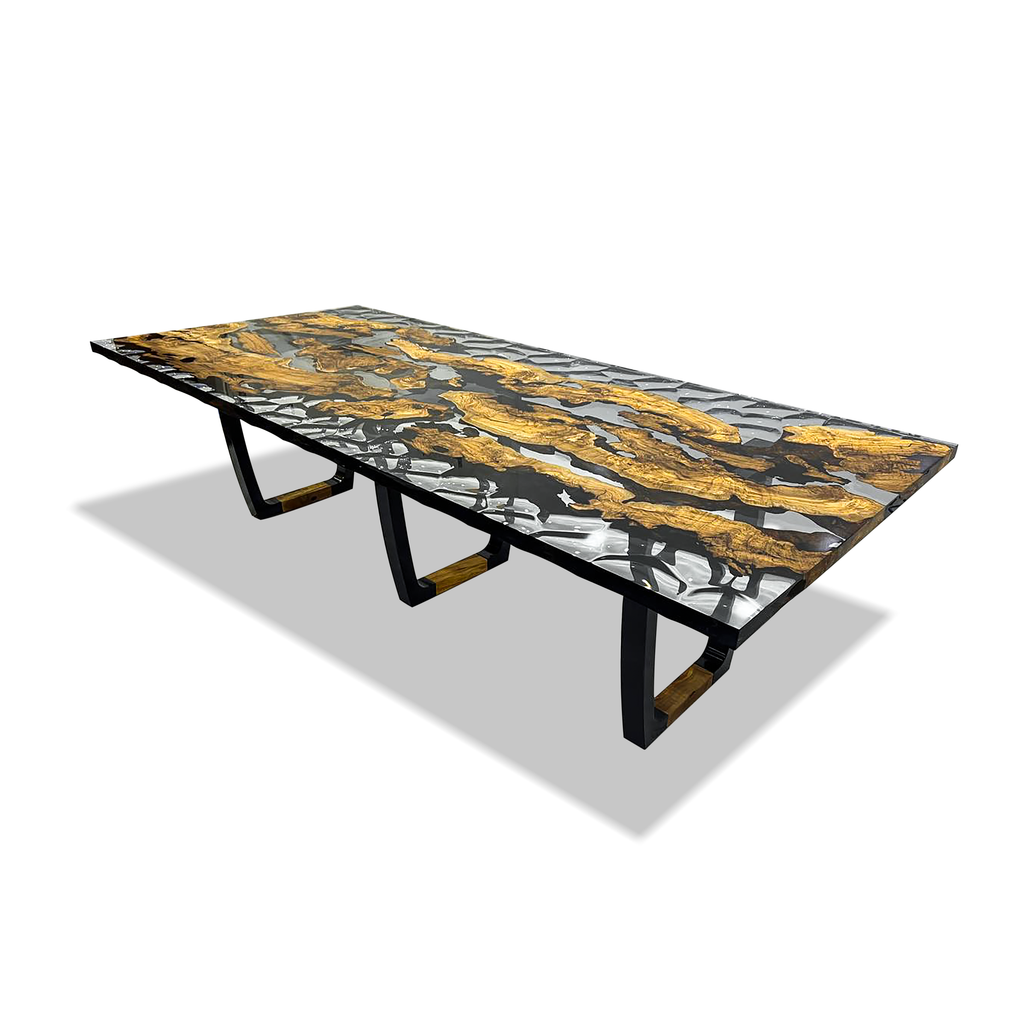 Staphyle Olive Wood Wavy Dining Table with black and gold resin top and U-shaped metal legs