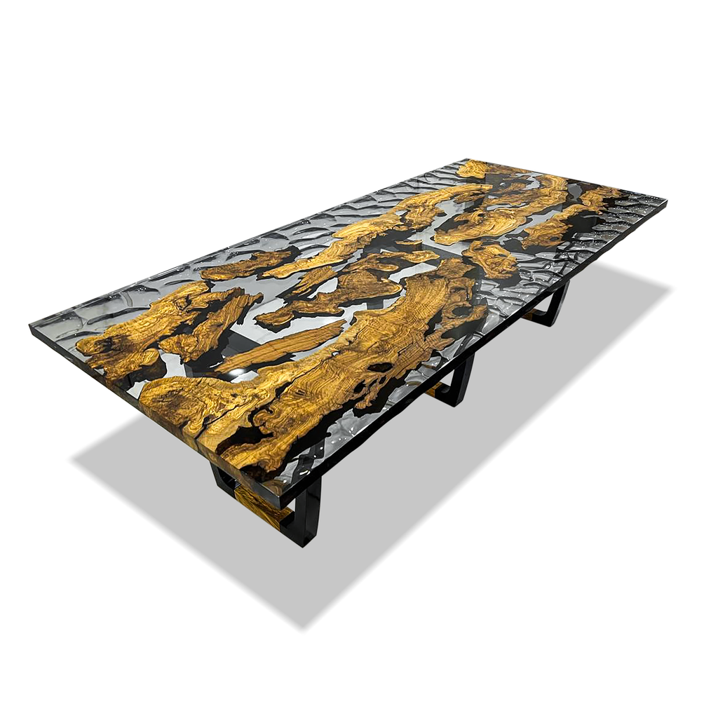 Staphyle Olive Wood Wavy Dining Table with black and gold resin top and embedded wood