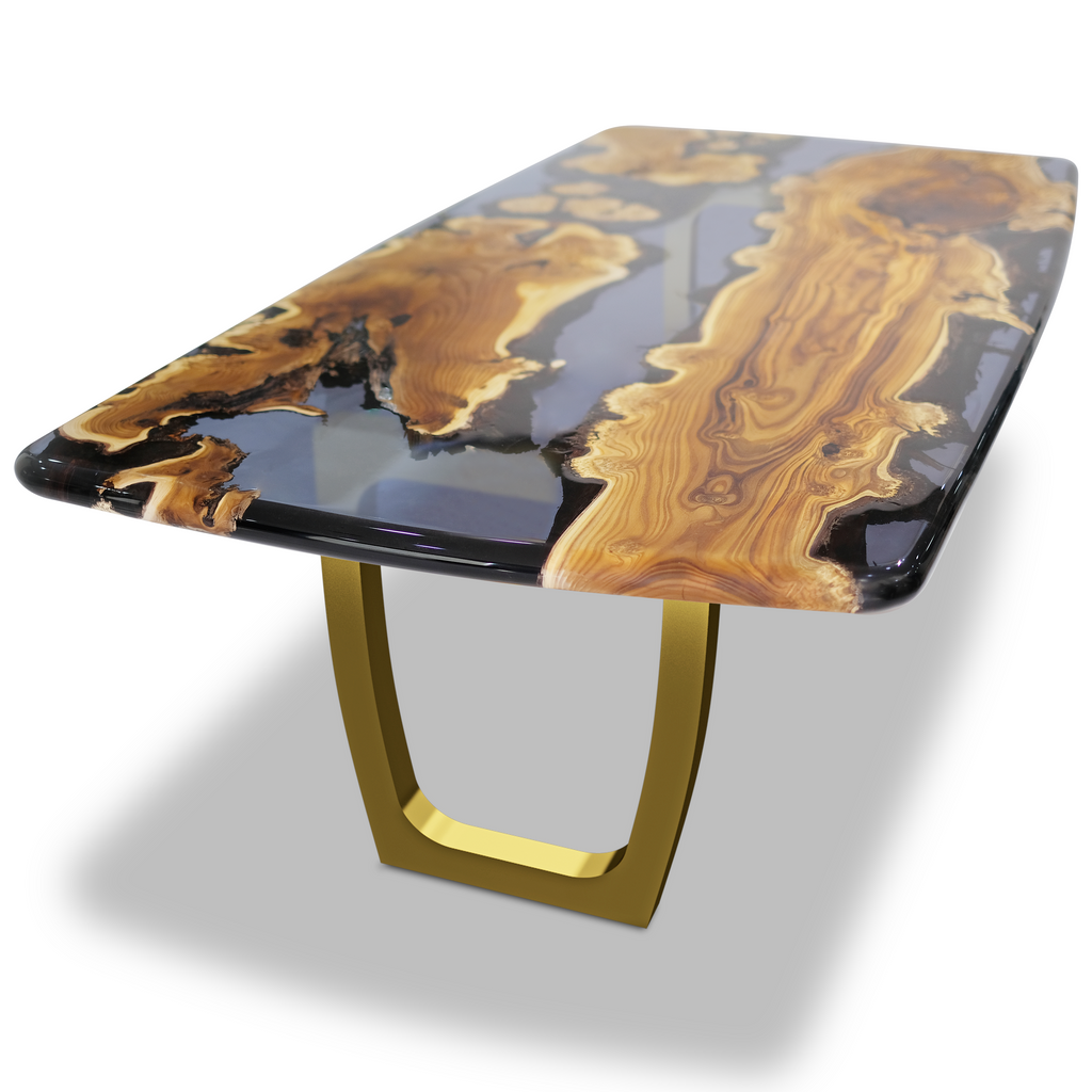 Staphyle Silverberry Wood Dining Table with epoxy resin and gold U-shaped metal base