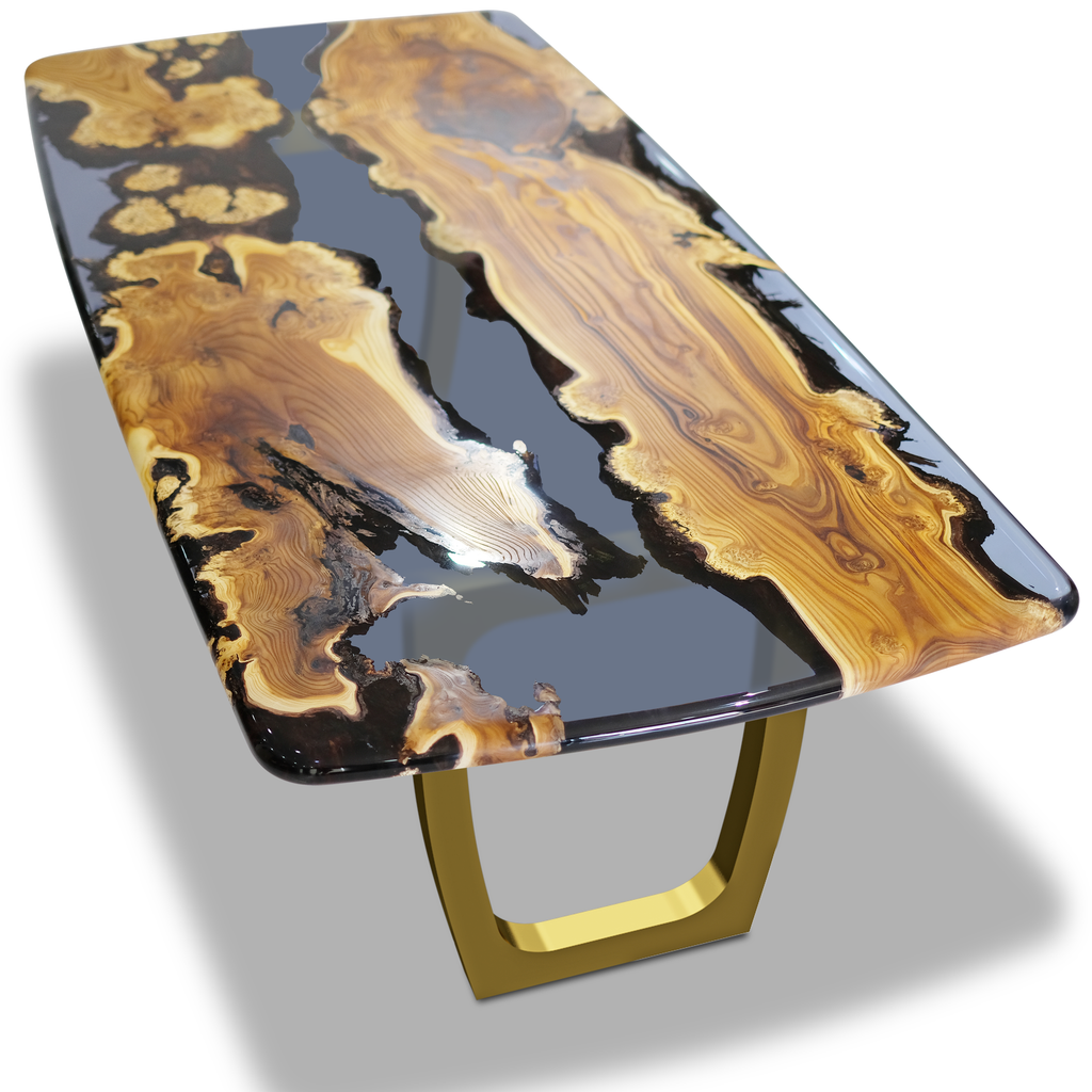Modern epoxy resin river table with silverberry wood and gold metal base for dining