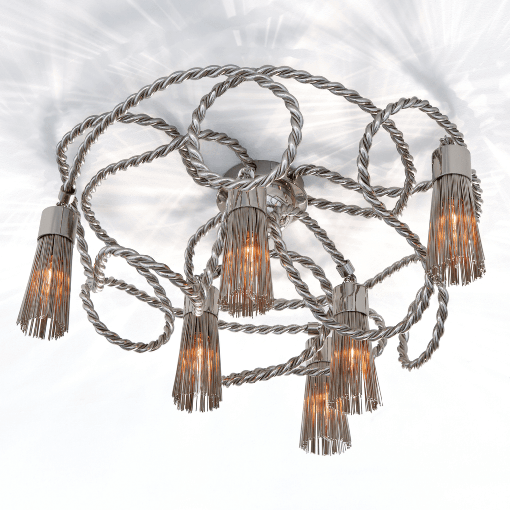Sultans Of Swing Ceiling Lamp with tangled silver rope design and metallic fringe shades