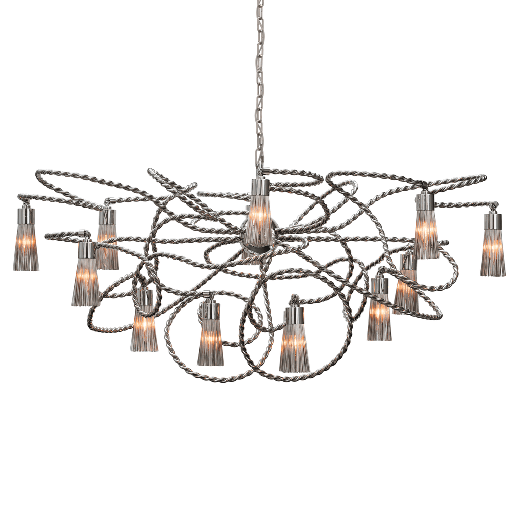 Modern swing chandelier oval with tangled rope frame and ribbed glass fixtures