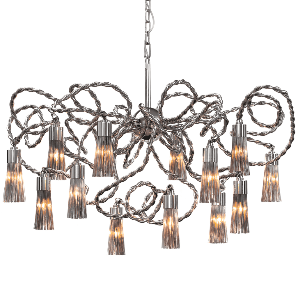 Modern abstract swing chandelier round with glass tassels and silver metallic ropes