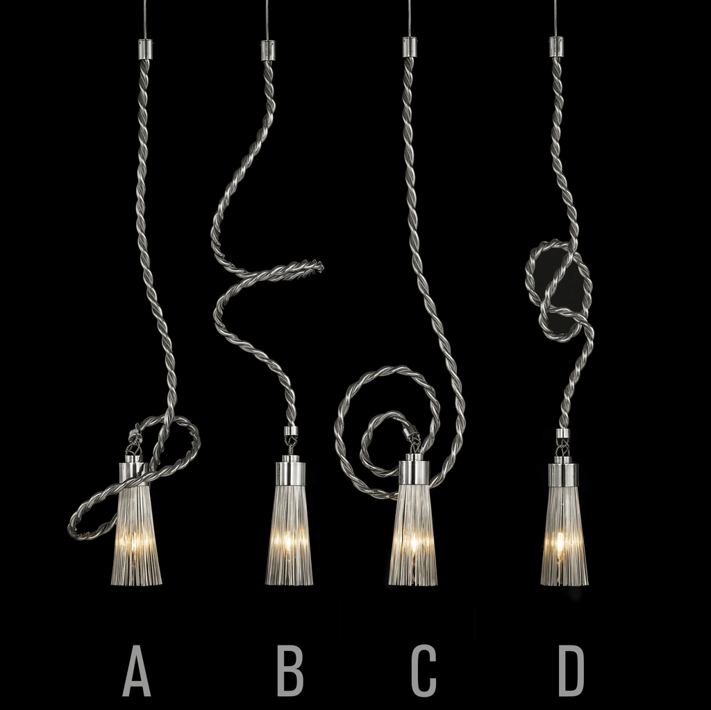 Four pendant lights with decorative twisted cords from the Sultans Of Swing Hanging Element collection