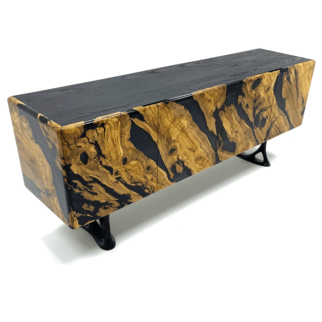 Black Pheraea Olive Wood Credenza featuring contemporary olive wood and black resin inlay