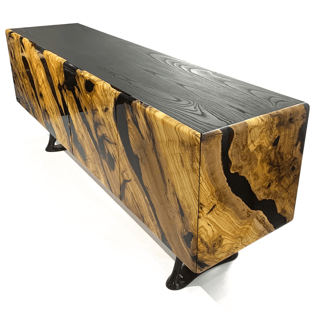 Black Pheraea Olive Wood Credenza with flowing resin design and curved legs