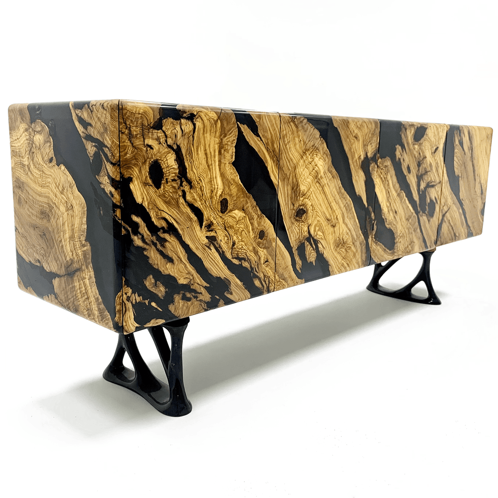 Contemporary Black Pheraea Olive Wood Credenza with live-edge and sculptural black metal legs