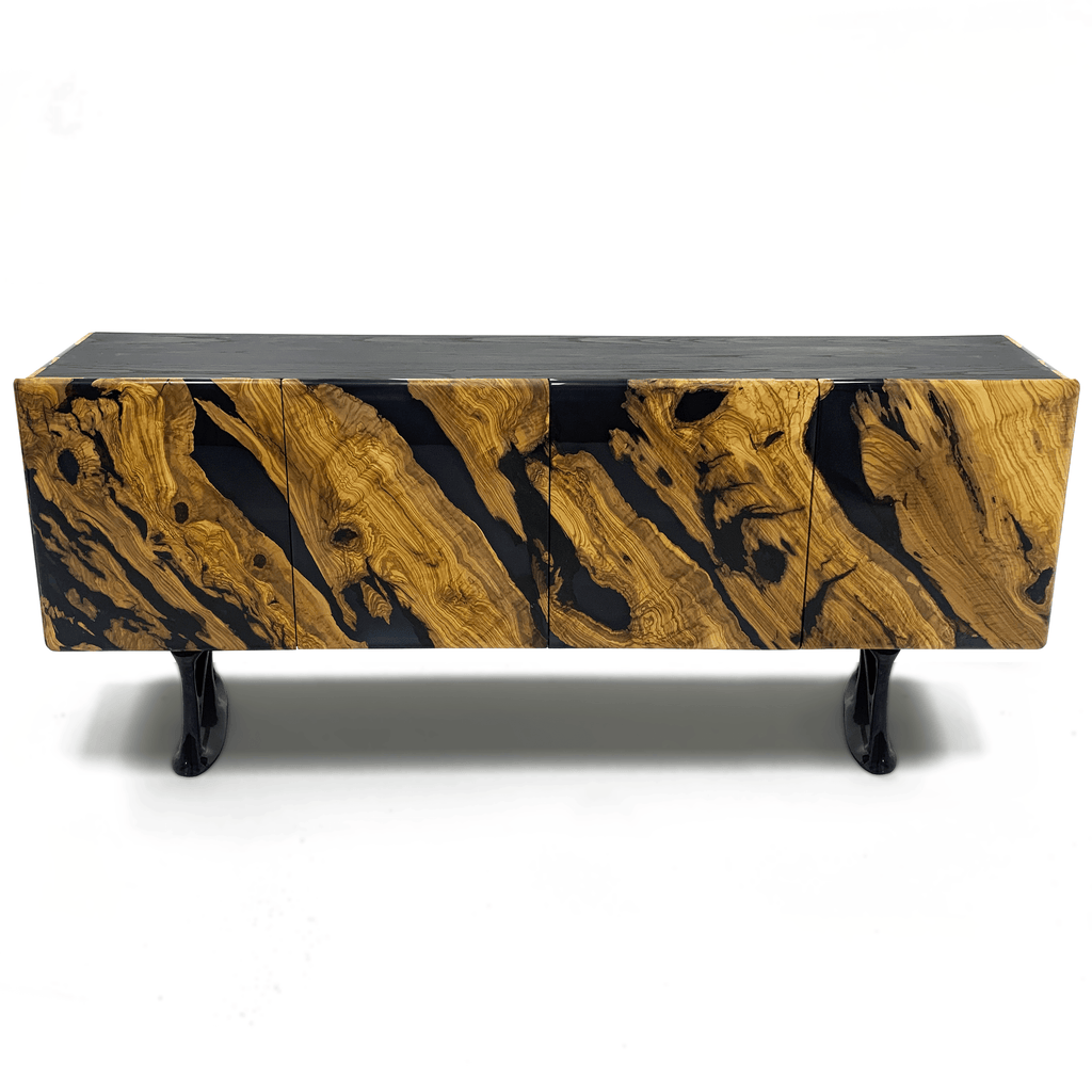 Modern Black Pheraea Olive Wood Credenza with black top and patterned light wood doors