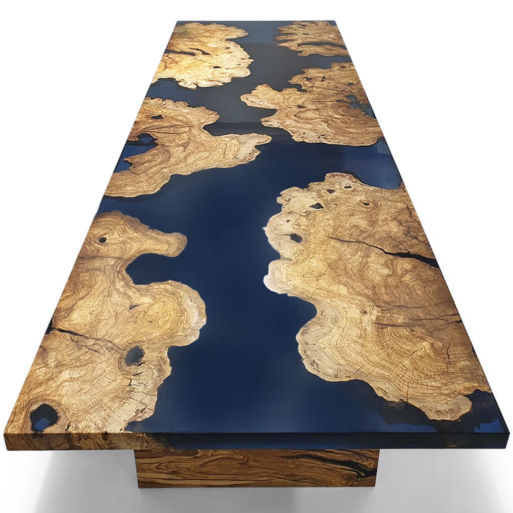 Navy Blue Thyria Olive Wood Dining Table with light-colored wood slabs and navy blue resin