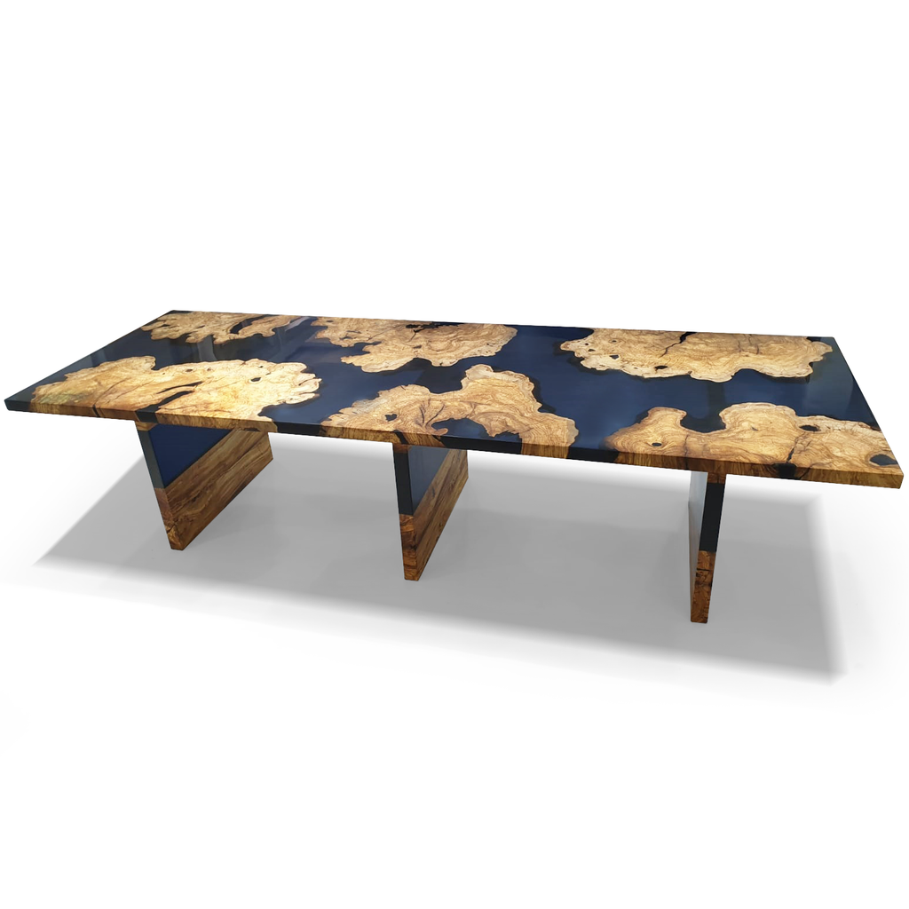 Navy Blue Thyria Olive Wood Dining Table with epoxy resin top and dark wood bases