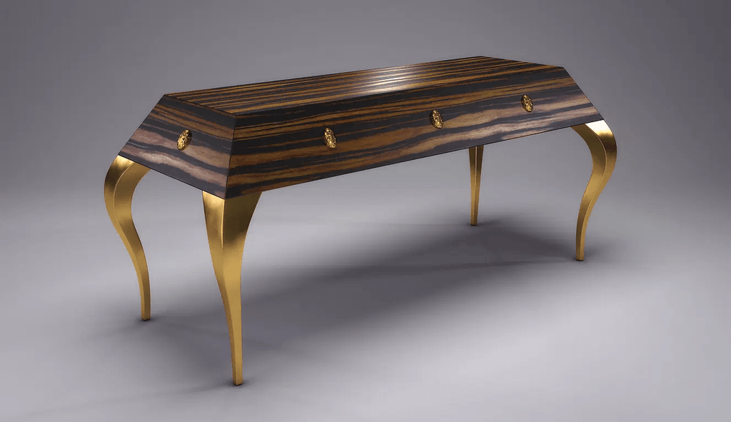 Polished dark wood Triumph Console table with gold curved legs and decorative gold knobs