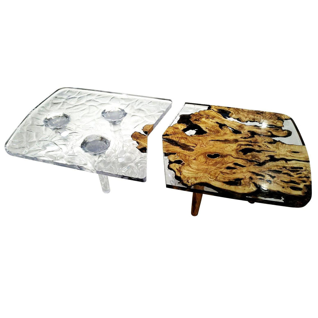 Tyro Olive Wood Wavy Coffee Table with textured and epoxy resin halves featuring natural wood