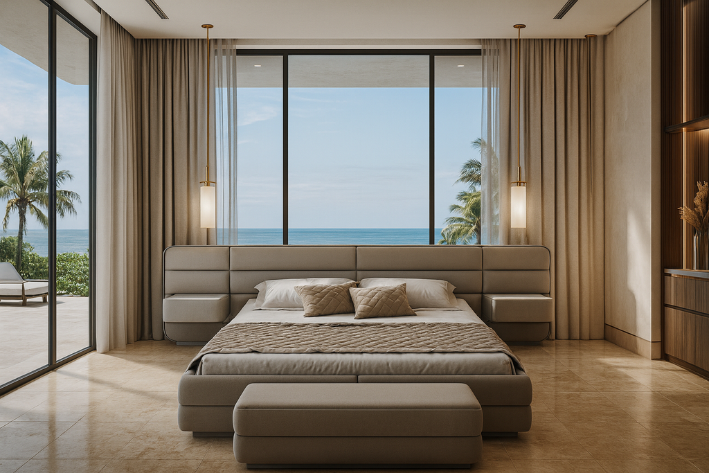 Luxurious Velastra Bed with upholstered headboard, integrated nightstands, and matching bench