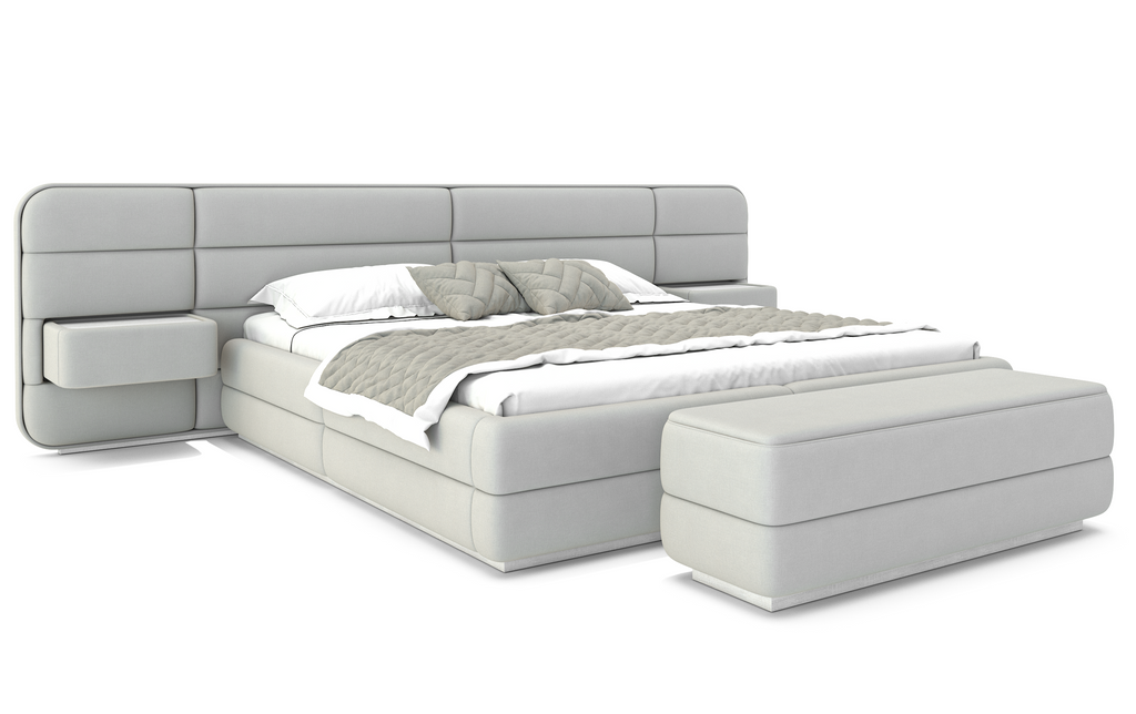 Modern light gray upholstery material Velastra Bed with integrated headboard and foot bench