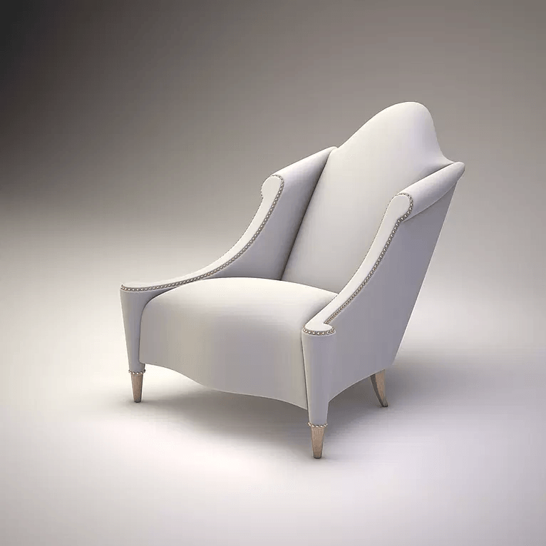 Light-colored upholstered Venton Lounge Chair with nailhead trim and wooden legs