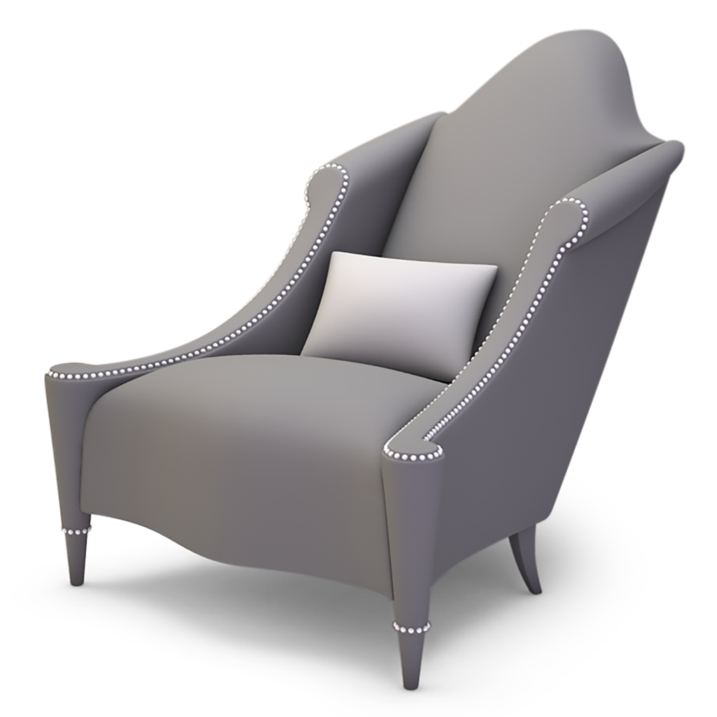 Modern gray Venton Lounge Chair with white pillow, silver nailhead trim, and dark tapered legs