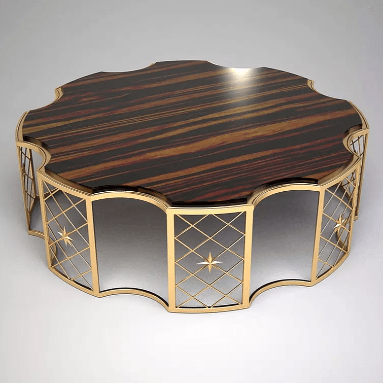 Venza Cocktail Table with dark brown striped wood top and gold mirrored star accents