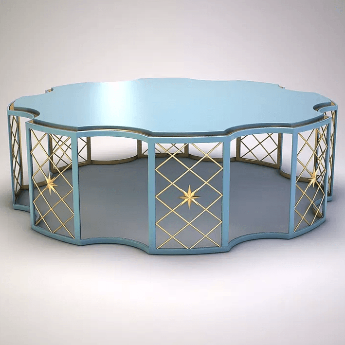 Blue and gold scalloped Venza Cocktail Table with lattice and star accents