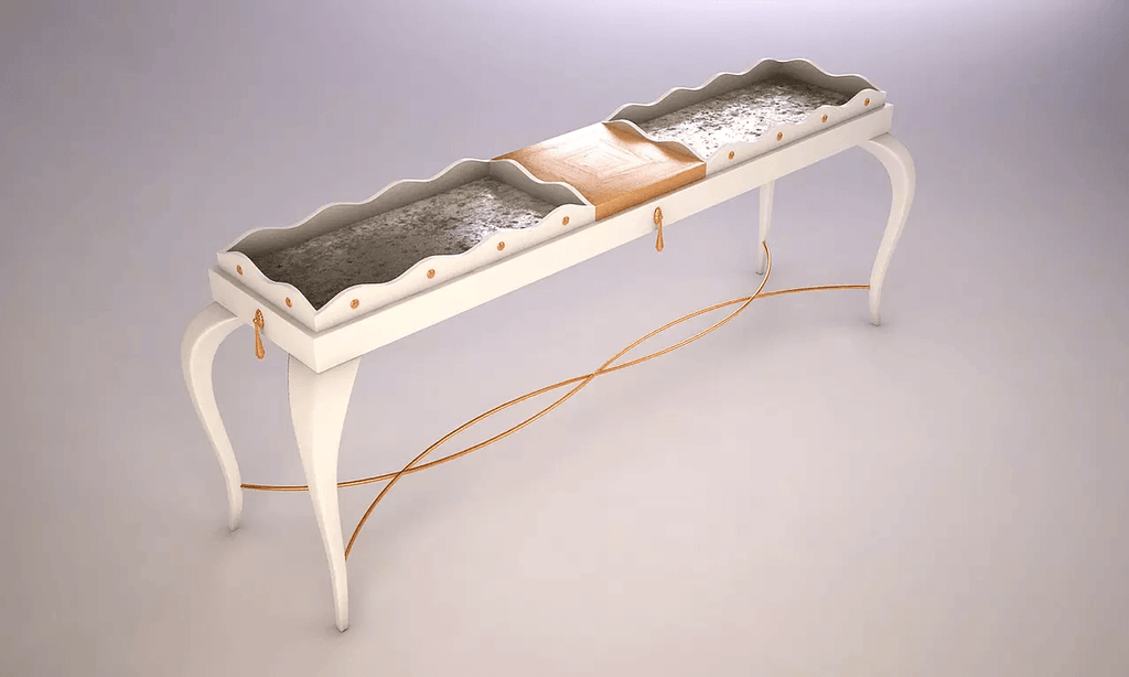 Veranda Console with textured and smooth sections, elegant curved legs, and golden crossbar