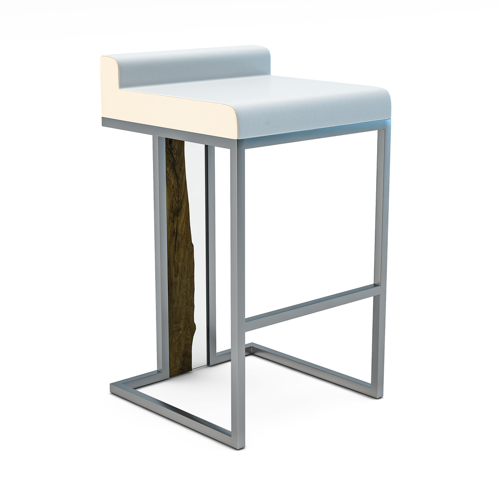 Verona Counter Bar Stool with light blue upholstery, white trim, and unique metal frame