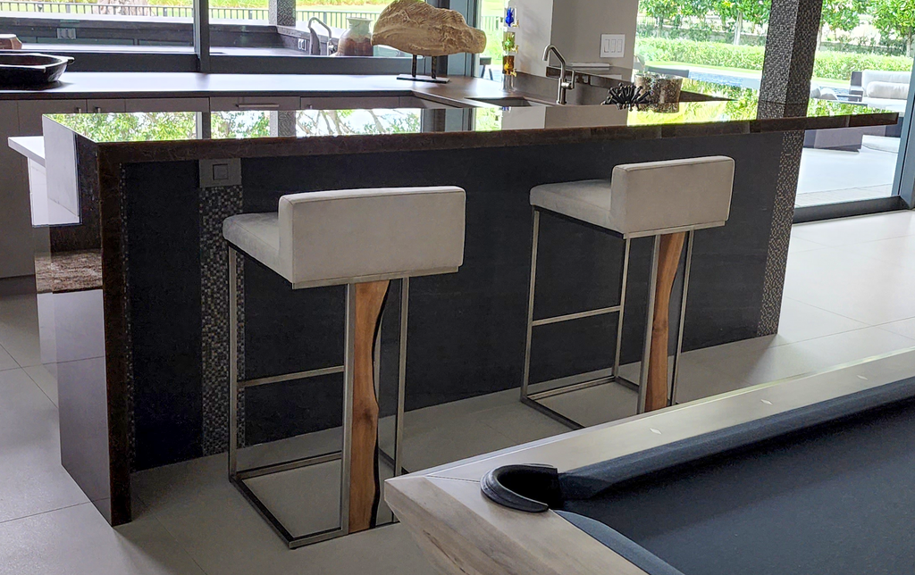 Modern kitchen with Verona Counter Bar stool and a partial view of a pool table