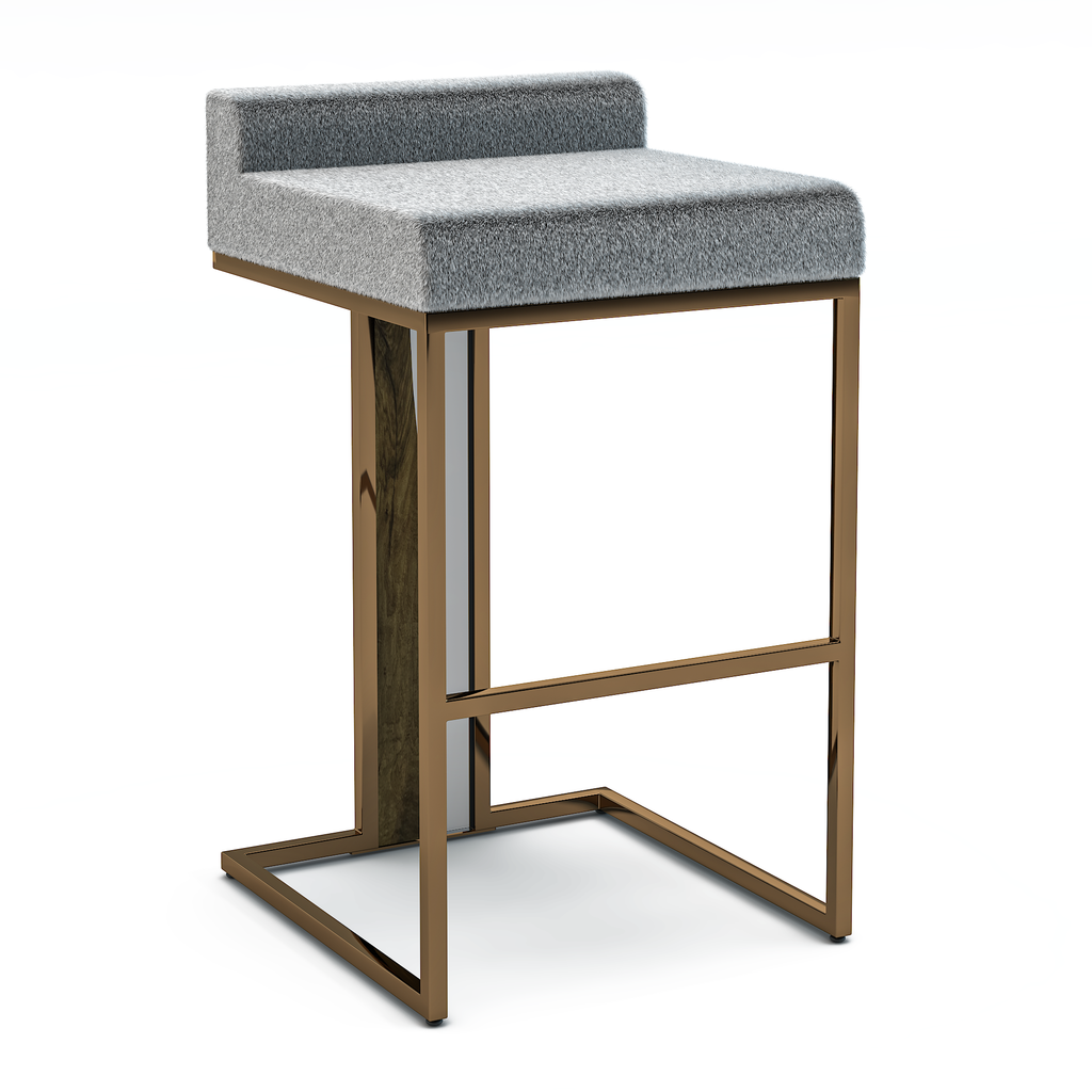 Verona Counter Bar Stool with grey upholstery, bronze frame, and wooden accent column