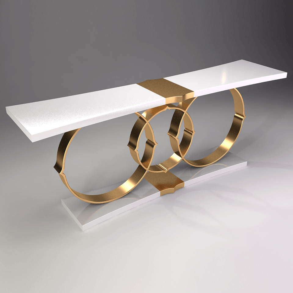 Viceroy Console modern white table with gold interlocking ring base for stylish decor