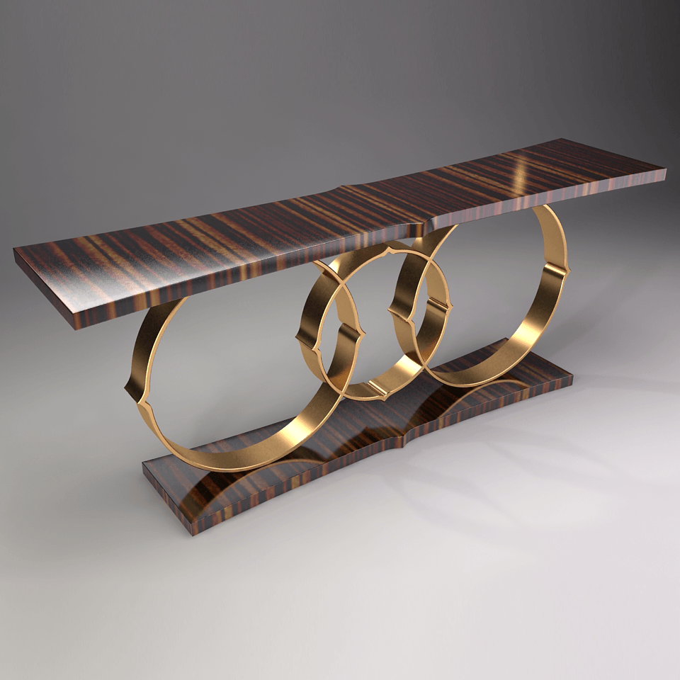 Viceroy Console with dark wood grain top and base, supported by gold-colored rings