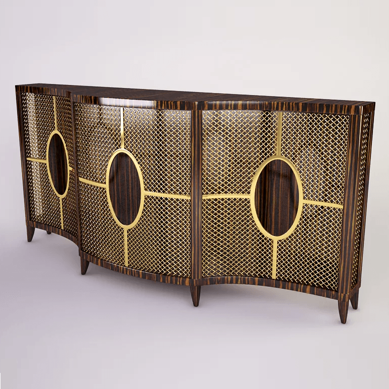 Victor Console dark wood credenza with curved front and gold mesh screens