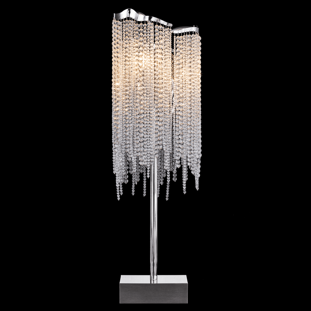 Victoria Table Lamp featuring modern chrome canopies and cascading crystal strands