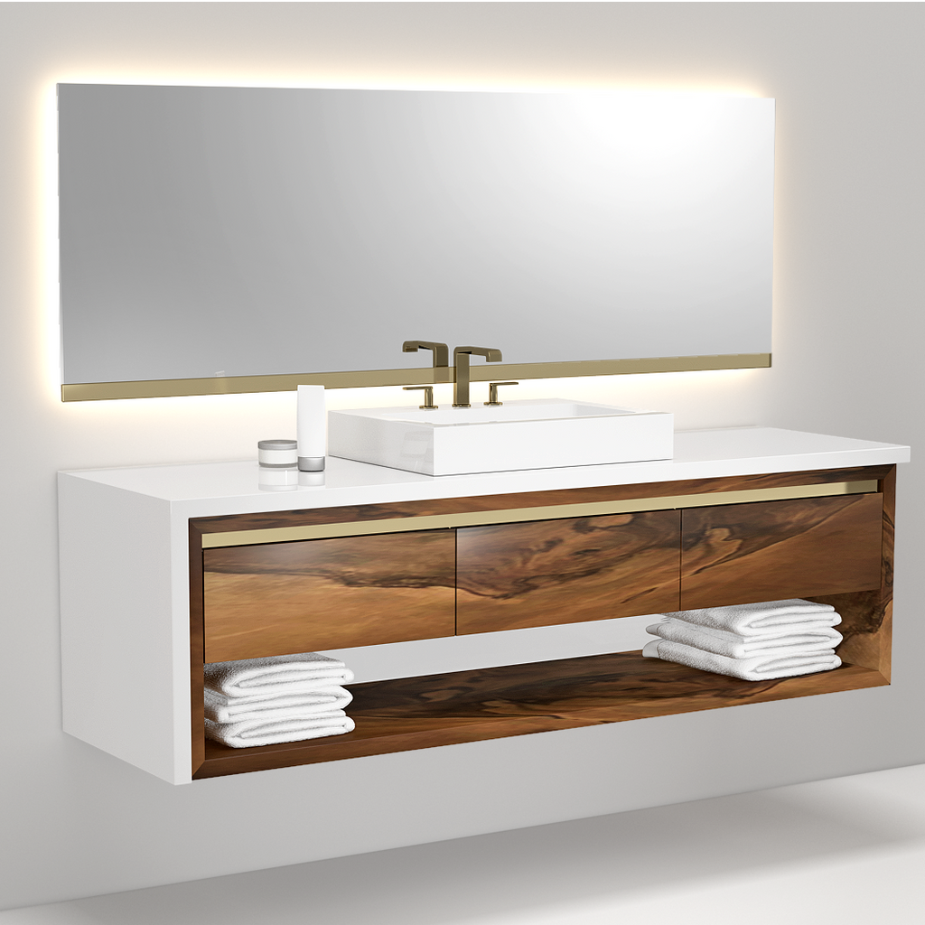 Victoria Walnut Vanity with white countertop, vessel sink, brass fixtures, and wooden drawers