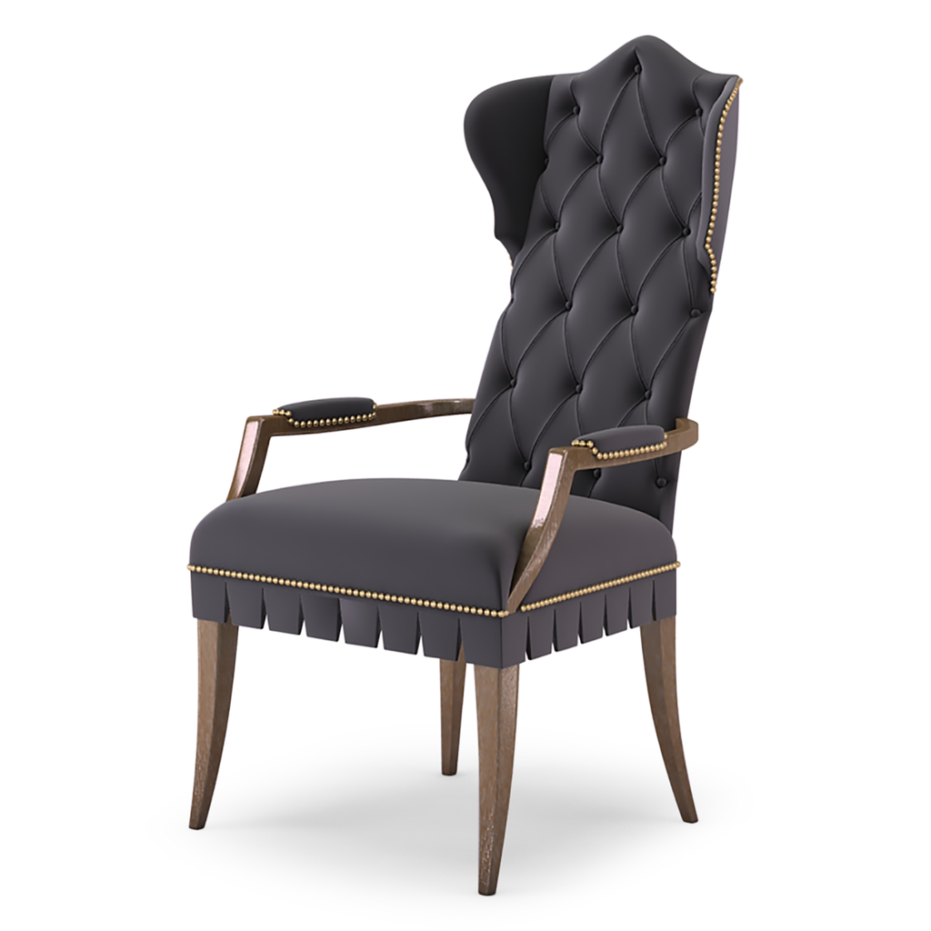 Villa Chair dark gray upholstered dining chair with tufted back and gold nailhead trim