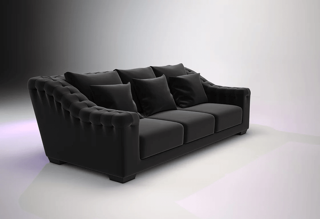 Villa Sofa black tufted three-seater sofa with matching throw pillows for stylish living rooms