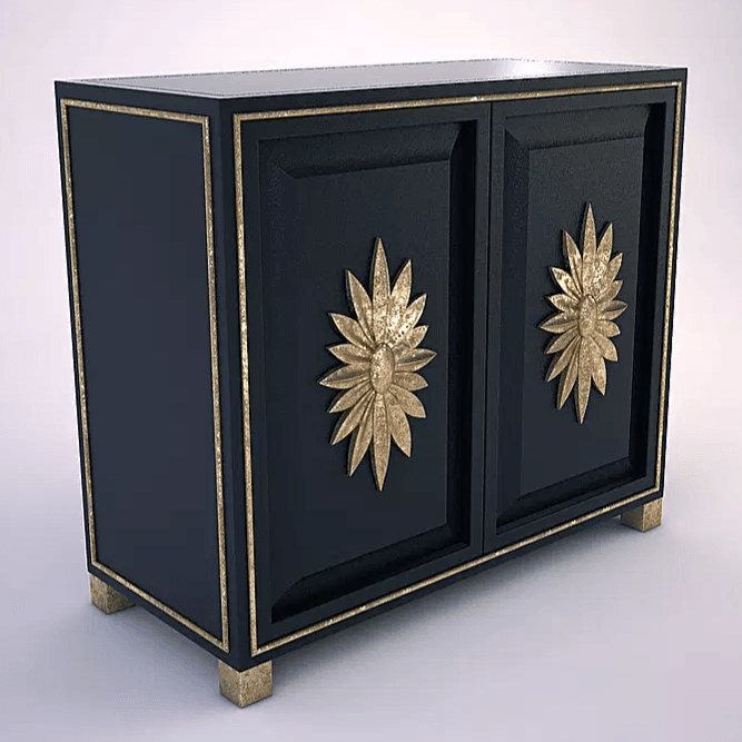 Viscaya Cabinet with black finish, gold trim, and sunburst medallion accents