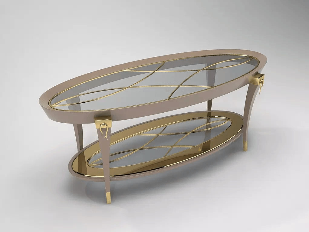 Vlm Cocktail Table: Elegant two-tier oval glass-top cocktail table with gold accents