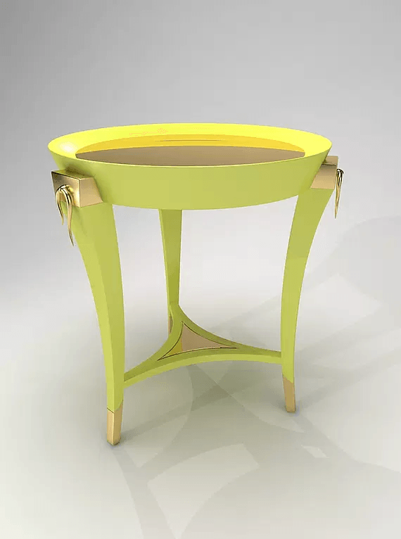 Vlm End Table with lime green circular top, golden trim, and curved legs