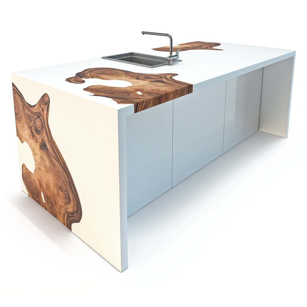 Modern Wood & Resin Waterfall Kitchen Island with natural wood river elements and sink