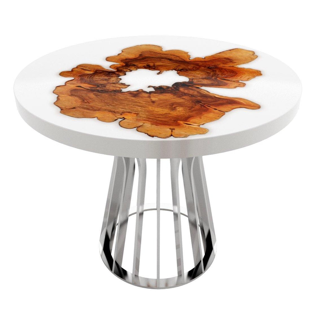 White Amiata Olive Wood Round Dining Table with epoxy resin and polished metal base